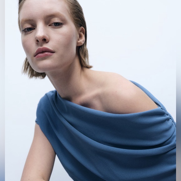 Mango Asymmetrical one shoulder Blue Dress - Picture 6 of 11